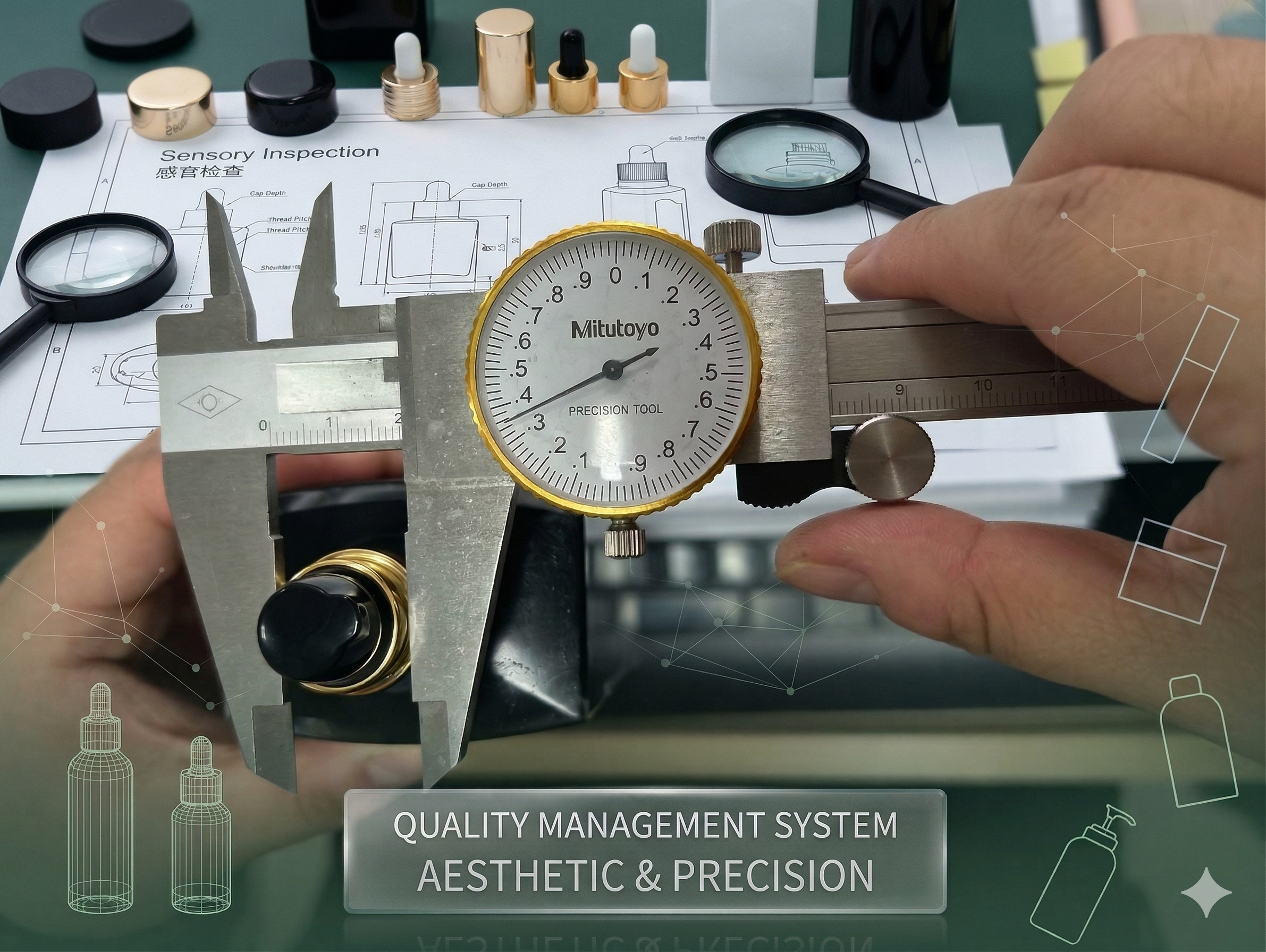 El equipo de control de calidad de COSJAR se somete a un riguroso entrenamiento para dominar la inspección sensorial midiendo meticulosamente el empaque de productos de belleza con herramientas de precisión.